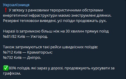 Укрзалізниця повідомила про затримку руху поїздів через ракетний удар