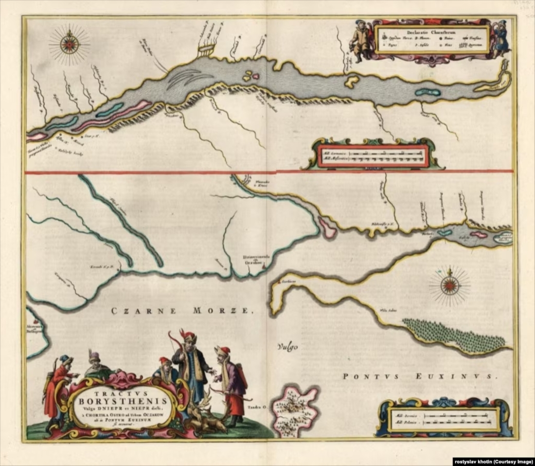 Карта нижньої течії Дніпра голландського картографа Яна Блау – від острова Хортиця до Чорного моря