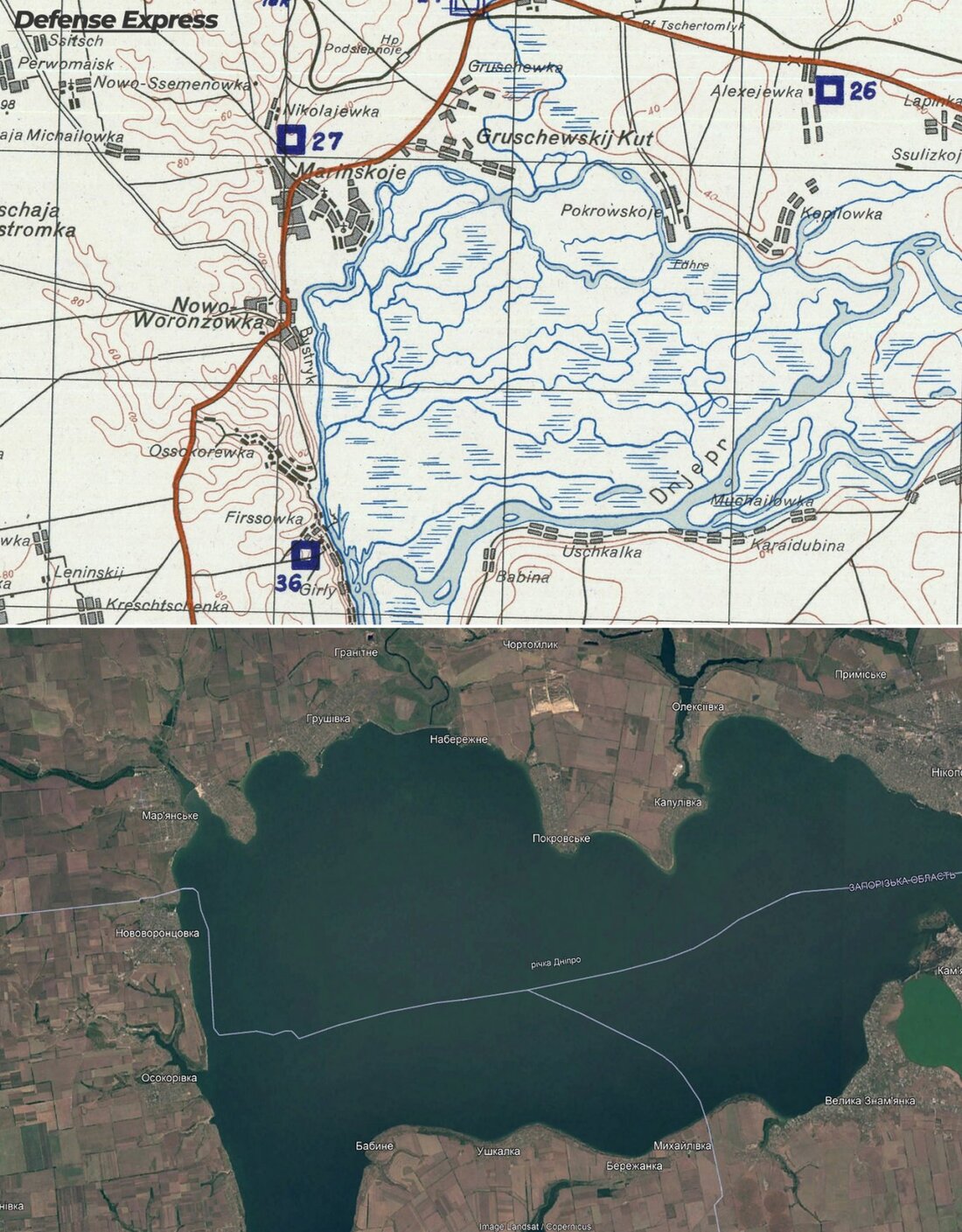 мапа 1943 року, а також знімок Google Earth4
