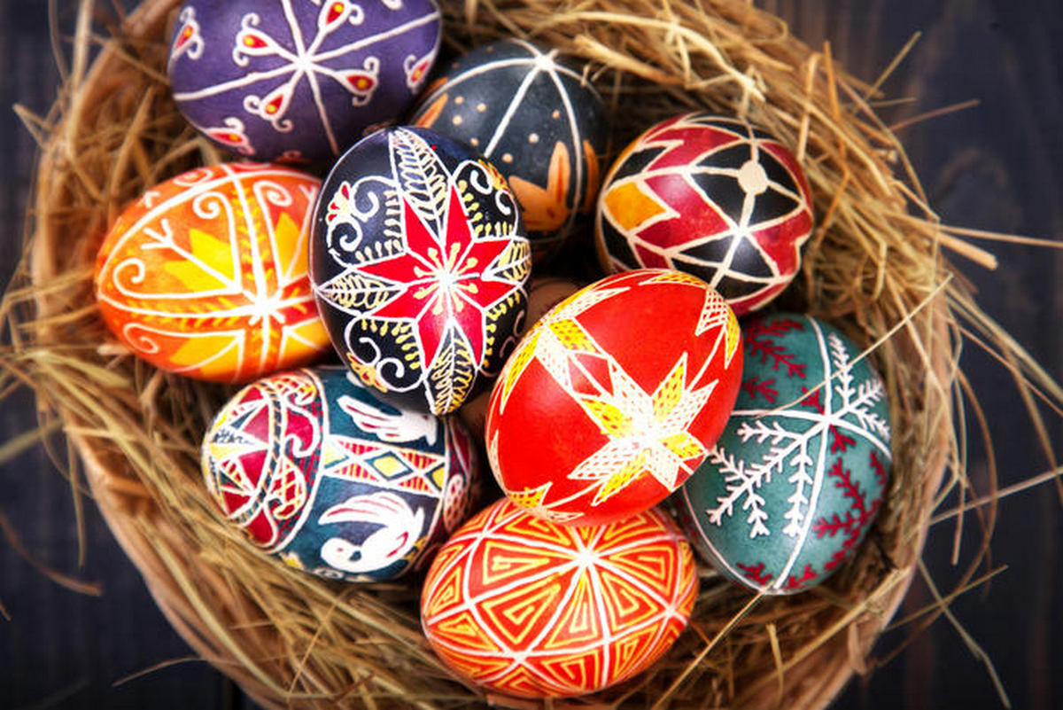 Easter eggs in a basket close up.