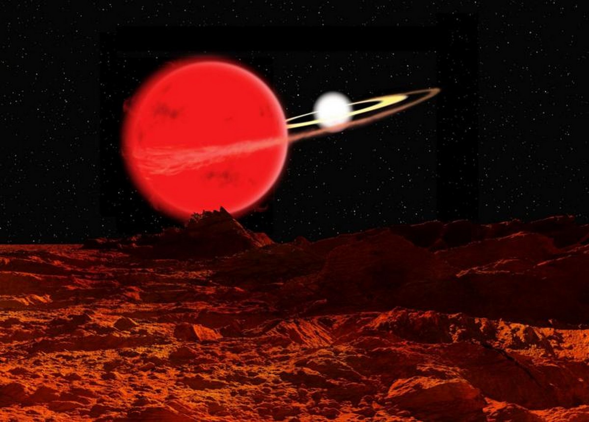 Так імовірно може виглядати подвійна система червоного гіганта і білого карлика для гіпотетичного спостерігача з такою ж гіпотетичною сусідньою планетою