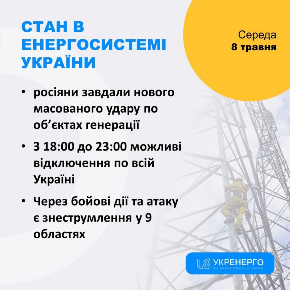 Ситуація в енергосистемі України 8 травня після масштабного удару