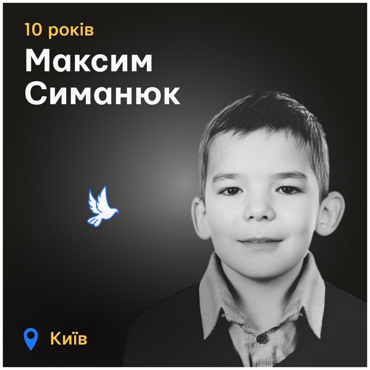 Меморіал: вбиті росією. Максим Симанюк, 10 років, Київ, липень