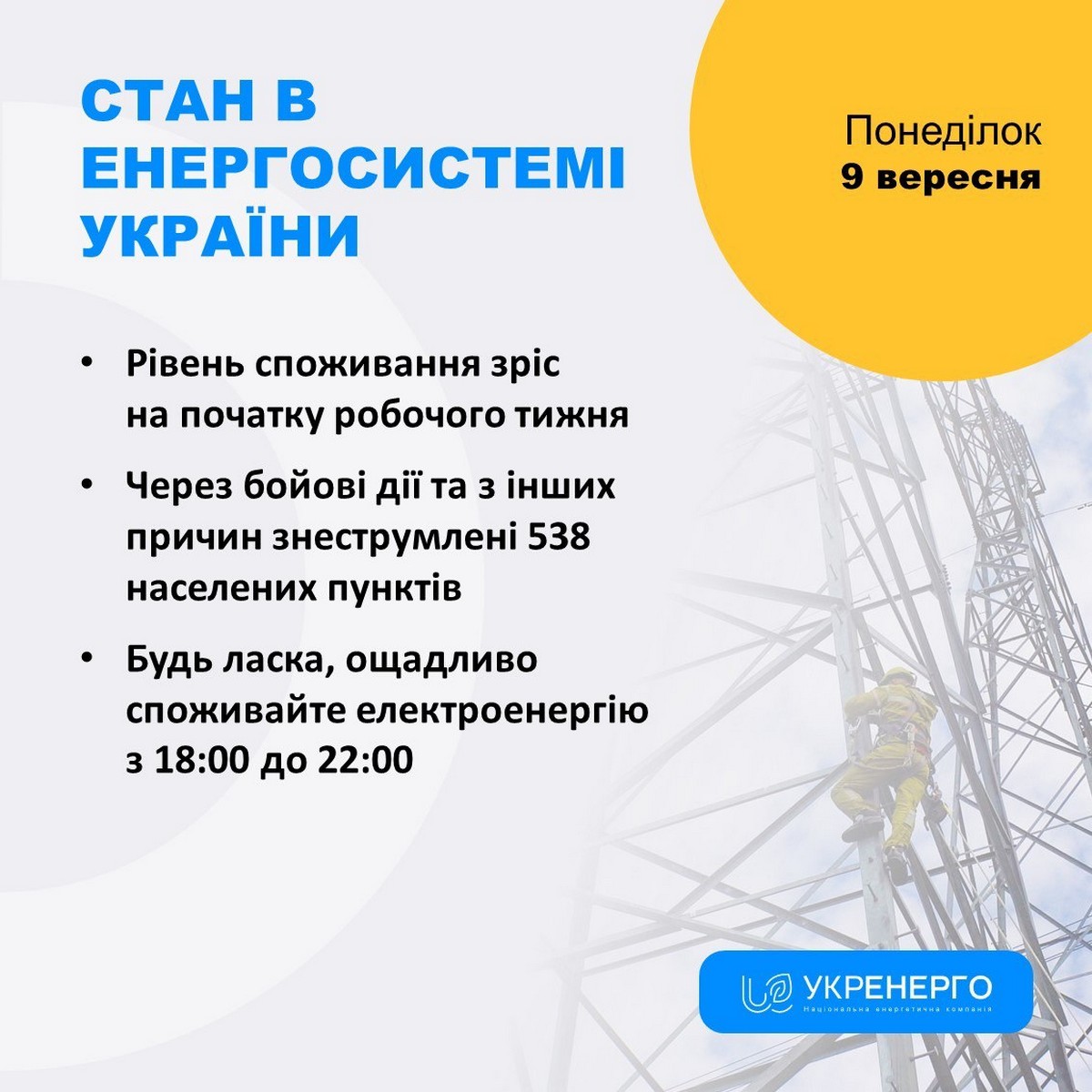 У 6 областях нові знеструмлення 9 вересня