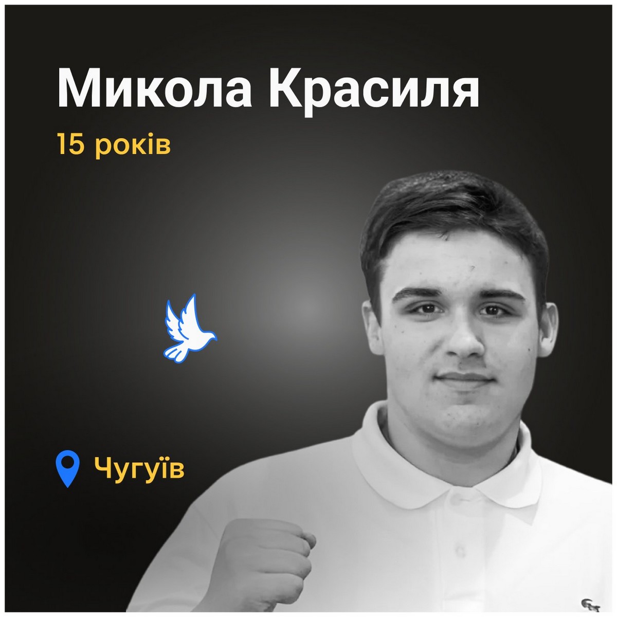 Вбиті росією. Микола Красиля був студентом першого курсу напряму «агроінженерія». Після початку повномасштабного вторгнення, попри небезпеку, він розносив літнім людям хліб. Купував і приносив продукти тим, хто ховався від обстрілів. А також харчі, які готувала його мама. В той день Микола ніс молоко для літніх людей. Касетний боєприпас упав на подвірʼя…