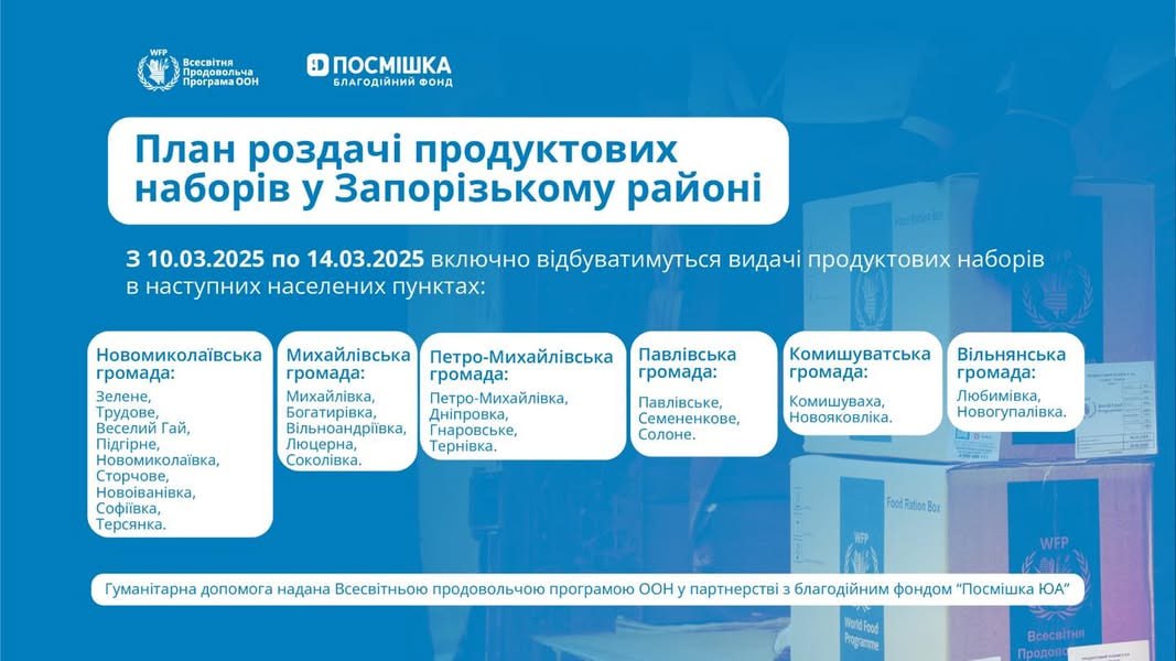 Гуманітарна допомога у Запорізькому районі – можна отримати продуктові набори від ООН